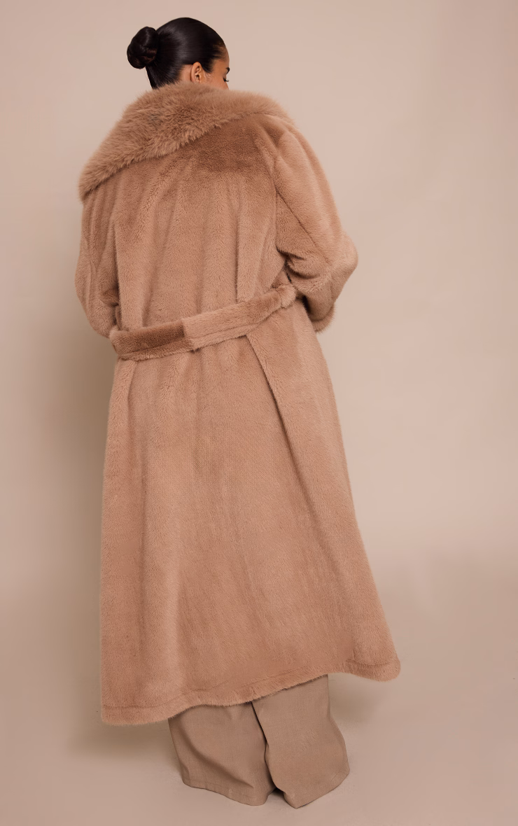 Plus Mushroom Faux Fur Self Tie Oversized Coat