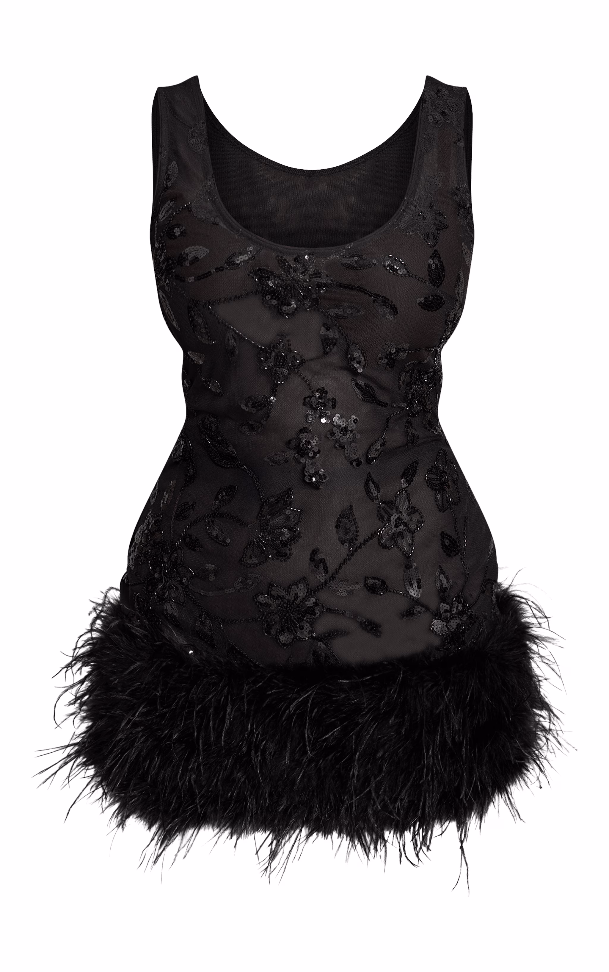 Shape Black Floral Sheer Sequin Feather Trim Mini Dress