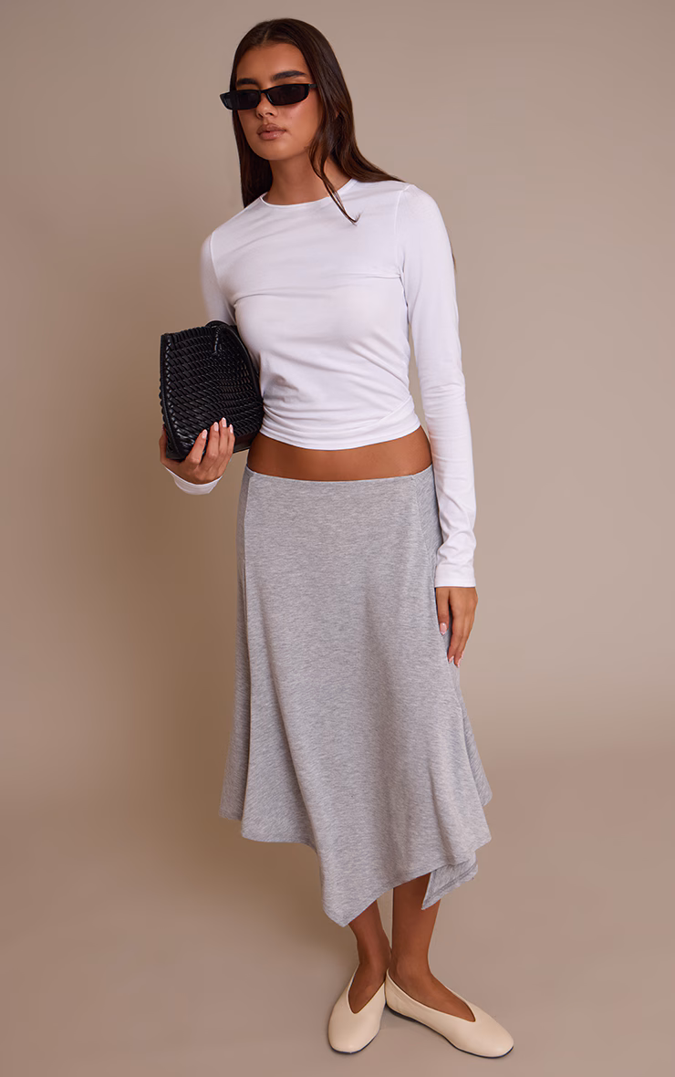 Grey Marl Jersey Hanky Hem Midi Skirt