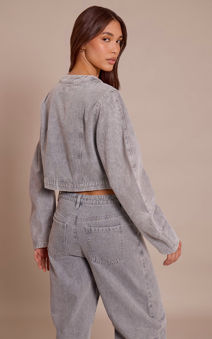 Grey V Neck Curved Hem Cropped Denim Jacket
