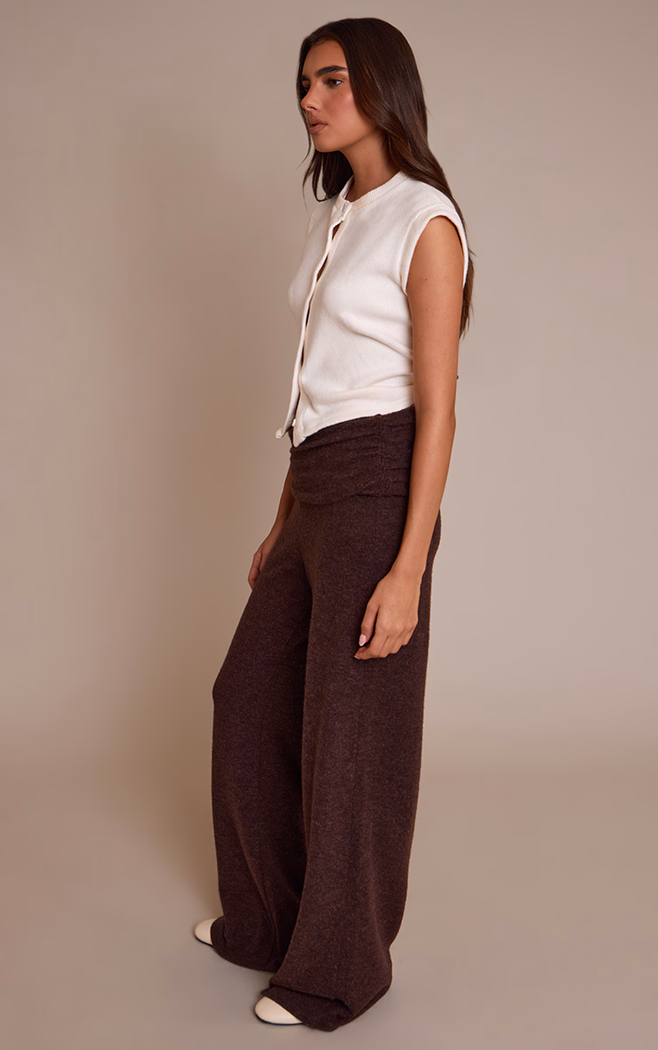 Chocolate Wool Look Fold Over Straight Leg Pants