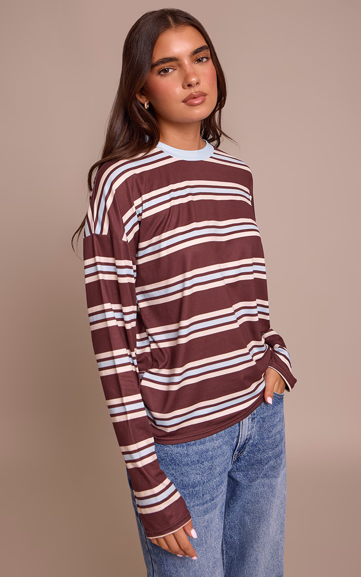 Burgundy Stripe Crew Neck Long Sleeve Top