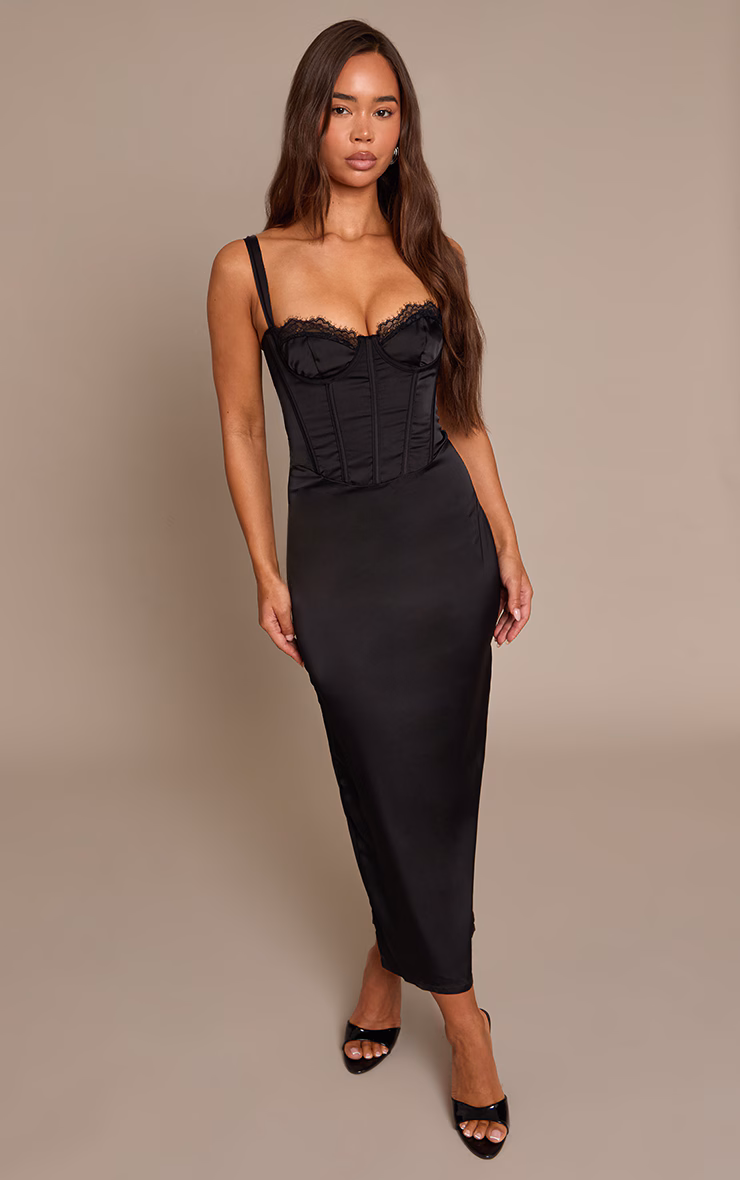 Black Satin Lace Cup Detail Midi Dress