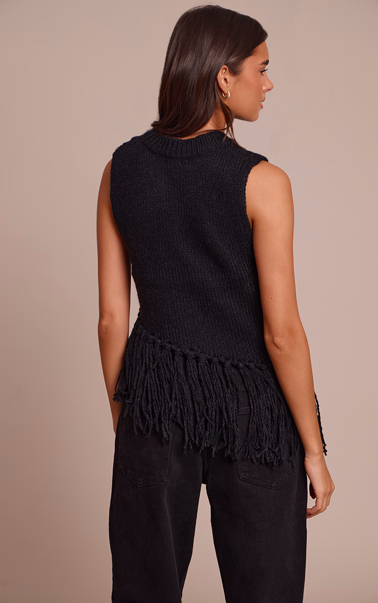 Black Sleeveless Fringe Detail Sweater