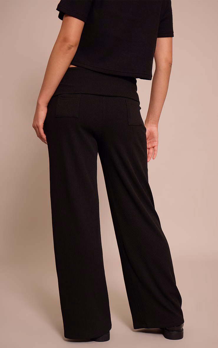 Black Thick Rib Fold Over Pocket Detail Wide Leg Pant