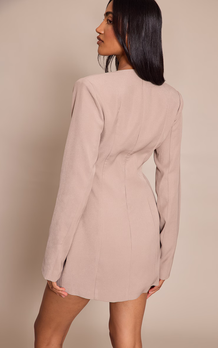 Grey Woven V Neck Long Sleeve Mini Dress