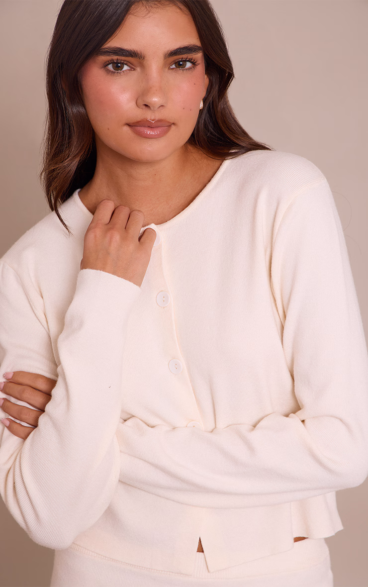 Cream Compact Knit Collarless Cardigan