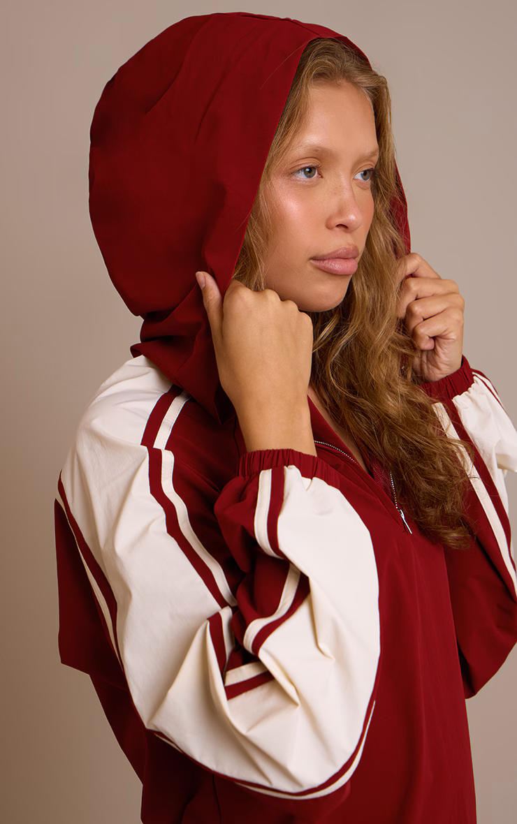 Red Shell Contrast Stripe Hooded Track Jacket