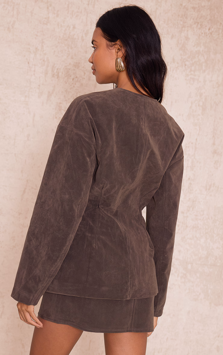 Khaki Suede Collarless Cocoon Sleeve Blazer