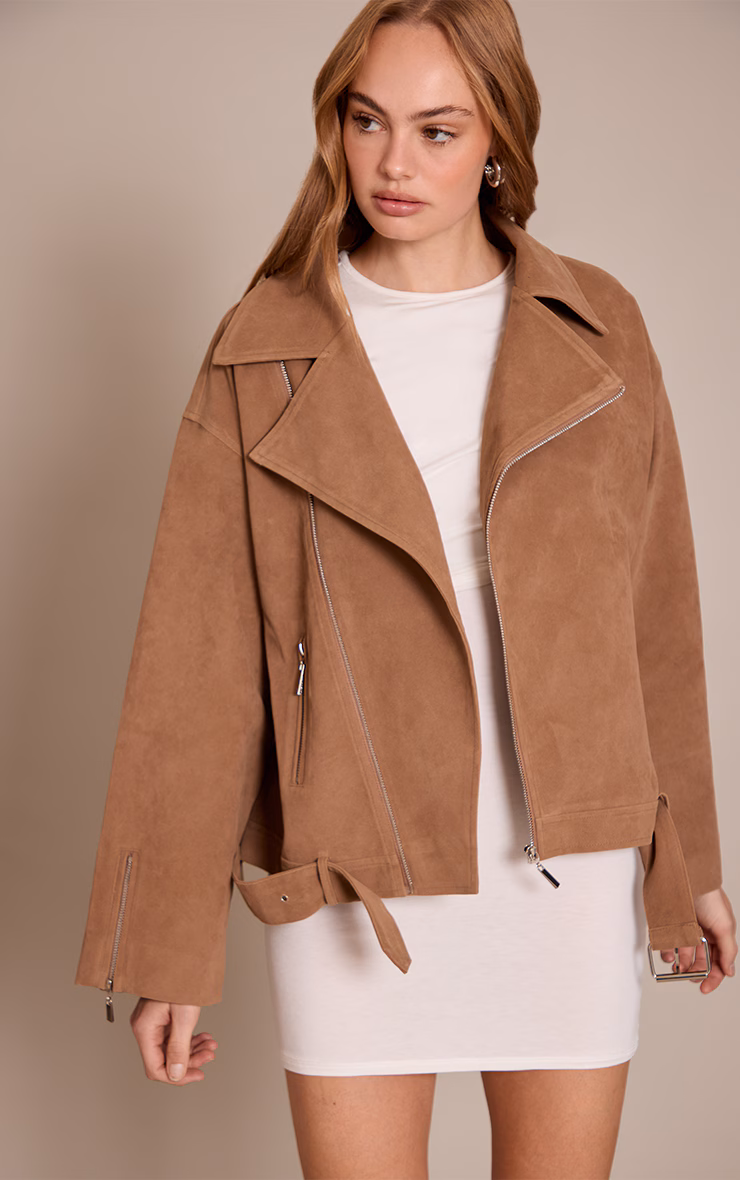 Camel Faux Suede Oversized Biker Jacket