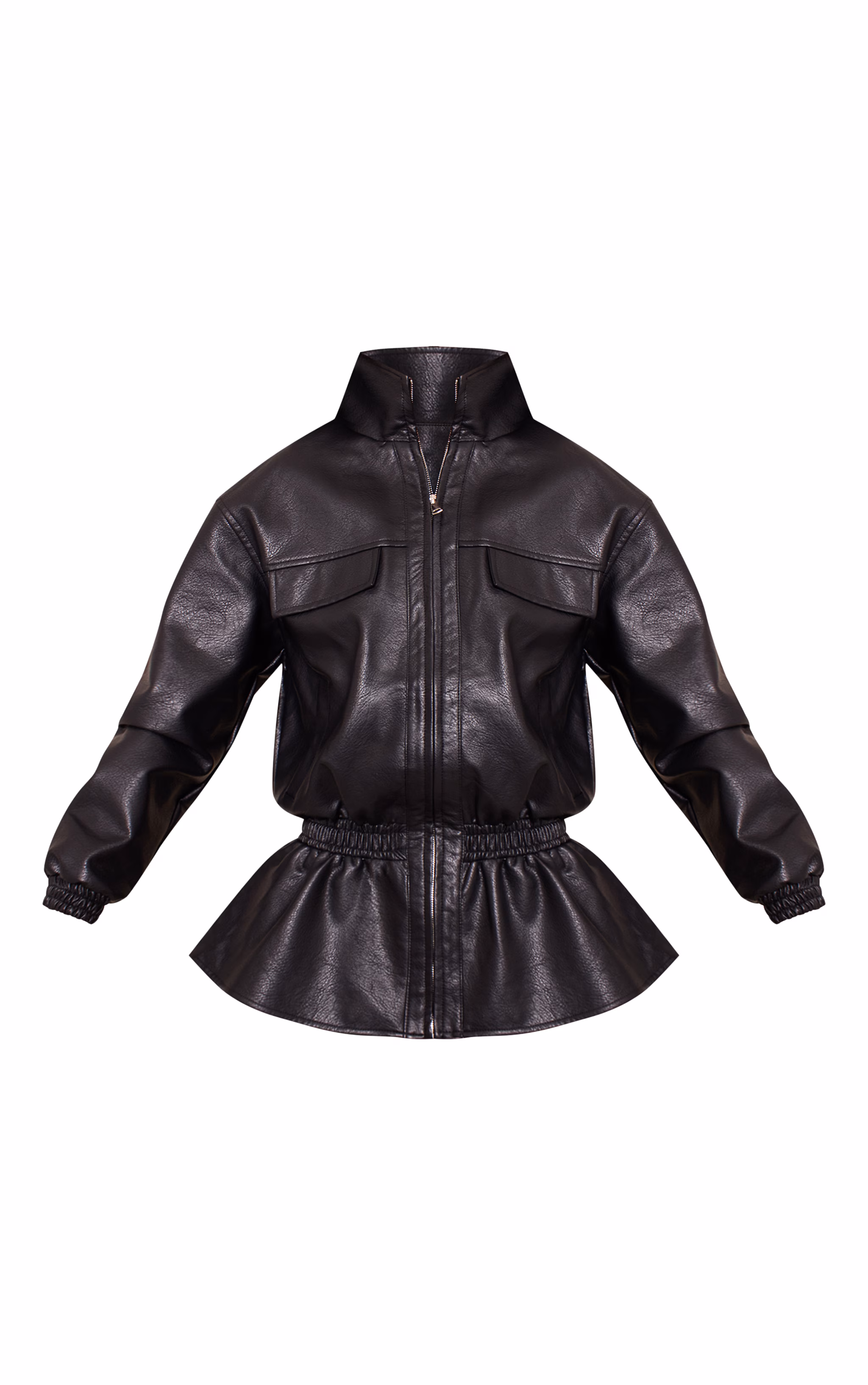 Tall Black High Neck Cinched Waist Faux Leather Jacket