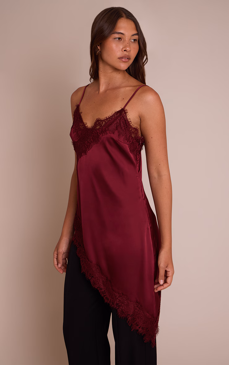 Plum Satin Lace Detail Asymmetric Long Top