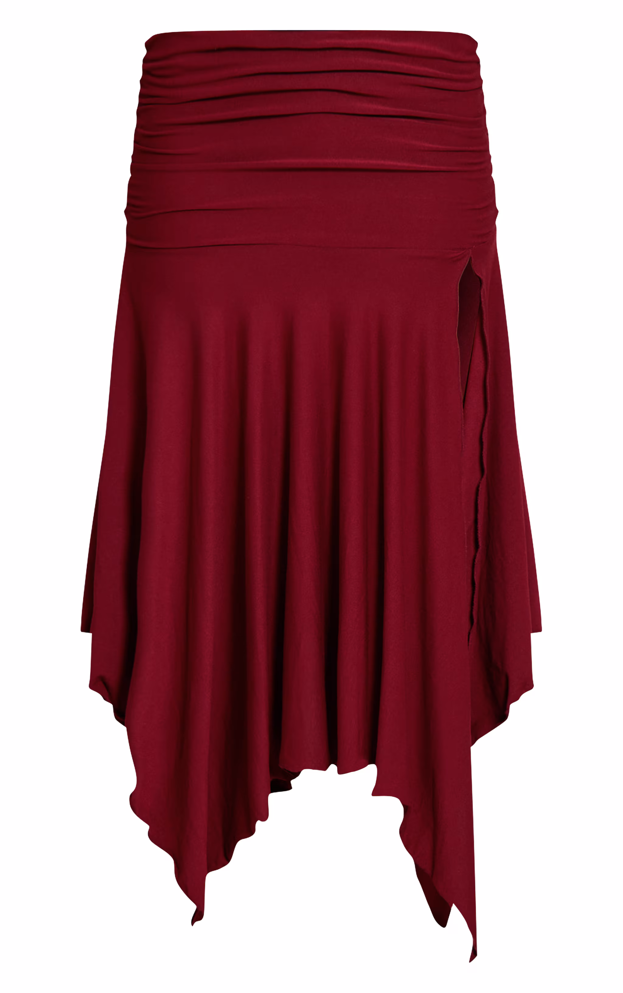 Plum Soft Touch Ruched Asymmetric Midi Skirt