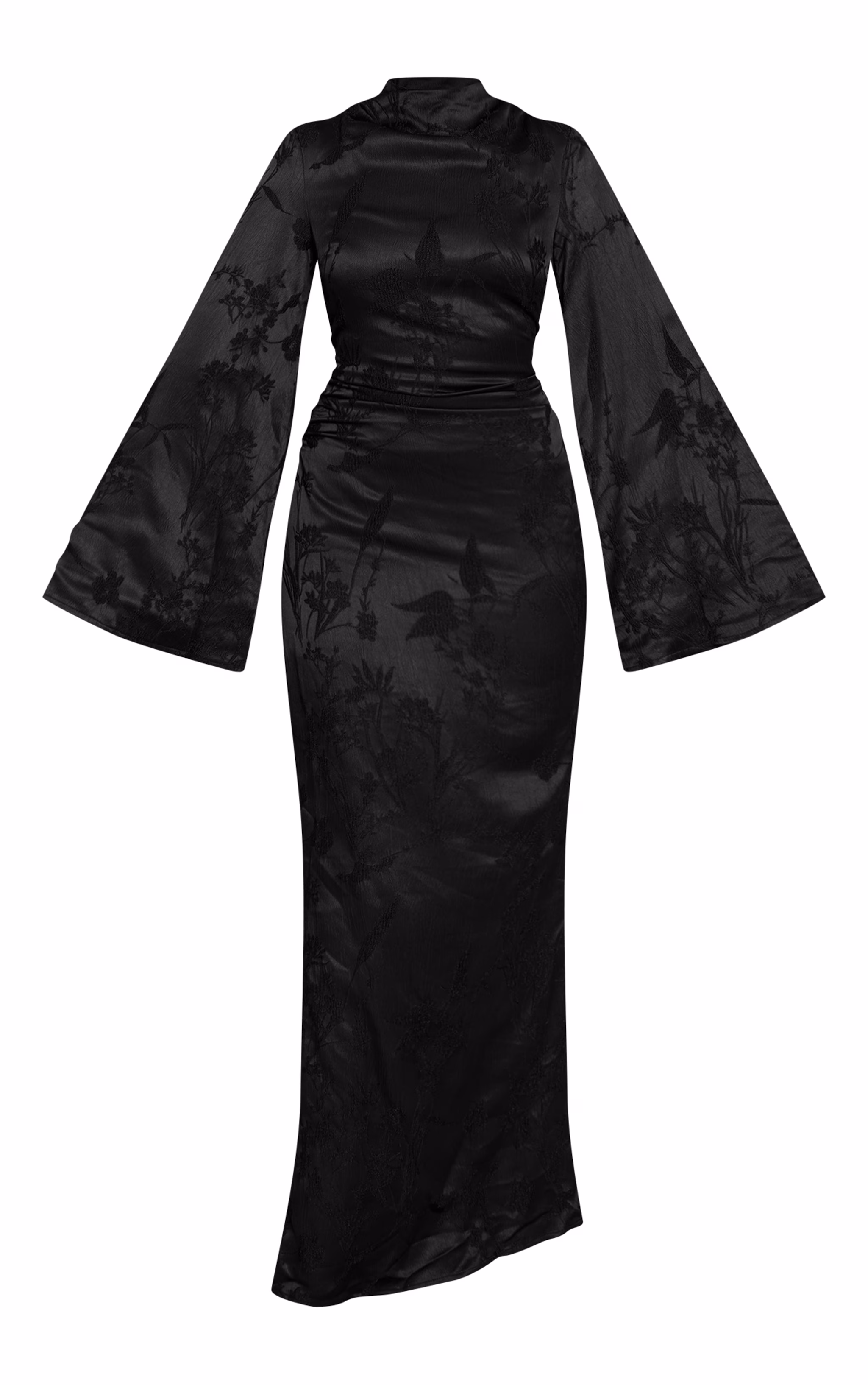 Black Floral Jacquard High Neck Flared Sleeve Maxi Dress