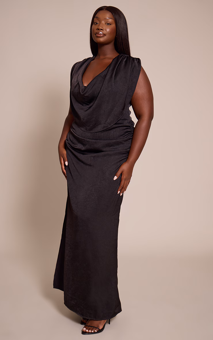 Plus Black Crushed Satin Cowl Neck Maxi Dress