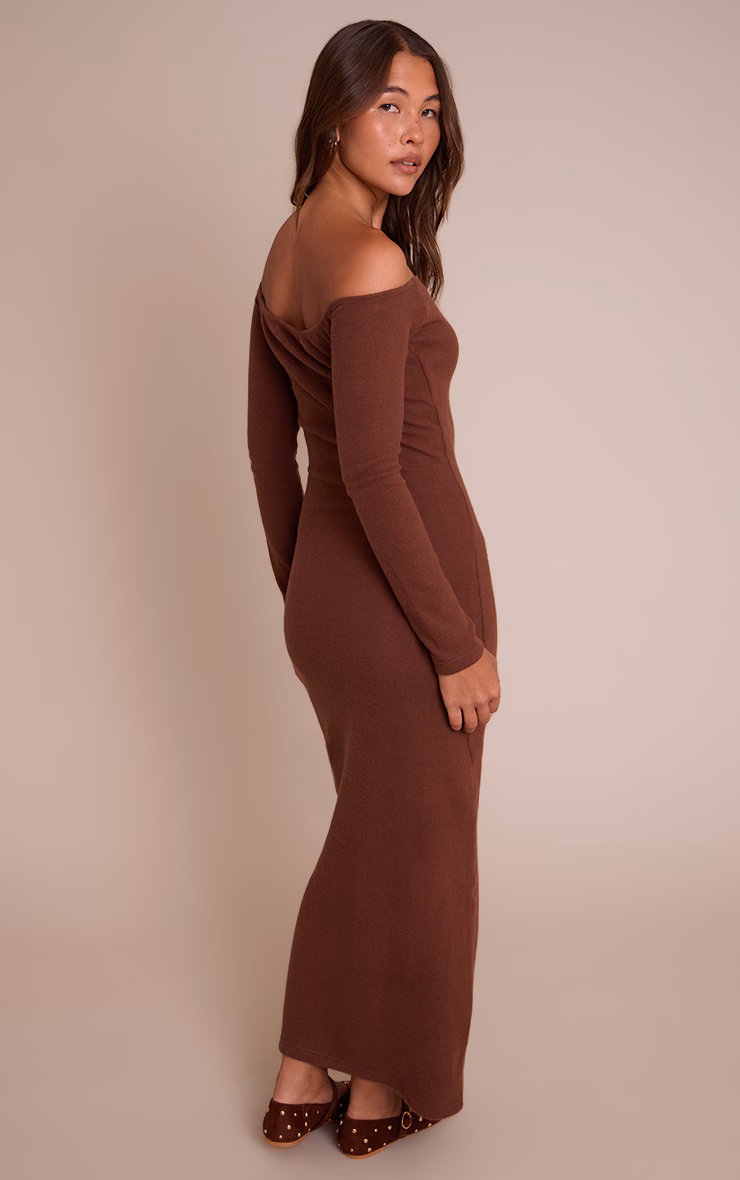 Chocolate Super Soft Bardot Long Sleeve Maxi Dress