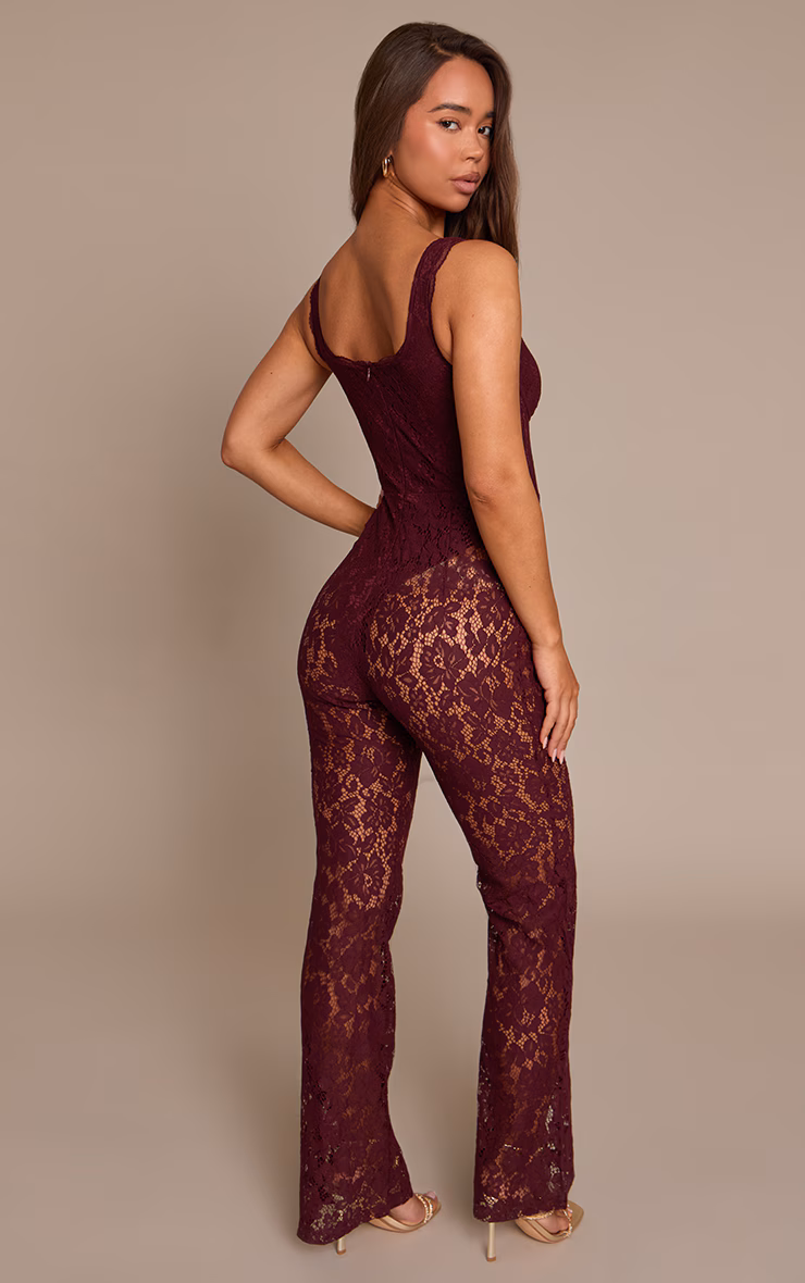 Plum Lace Boning Detail Strappy Flared Jumpsuit