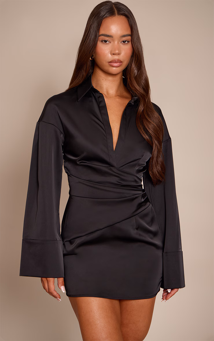 Black Premium Satin Bell Sleeve Shirt Dress