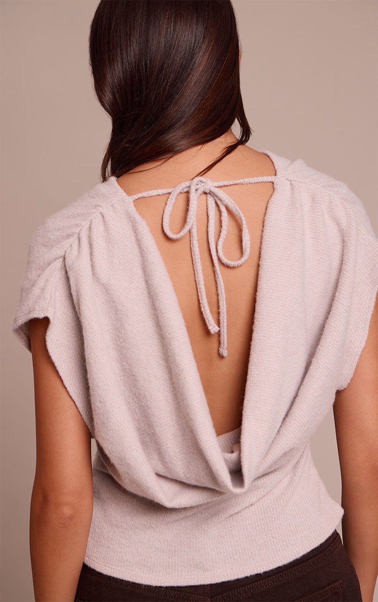 Light Mushroom  Wool Look Slouchy Tie Back Top