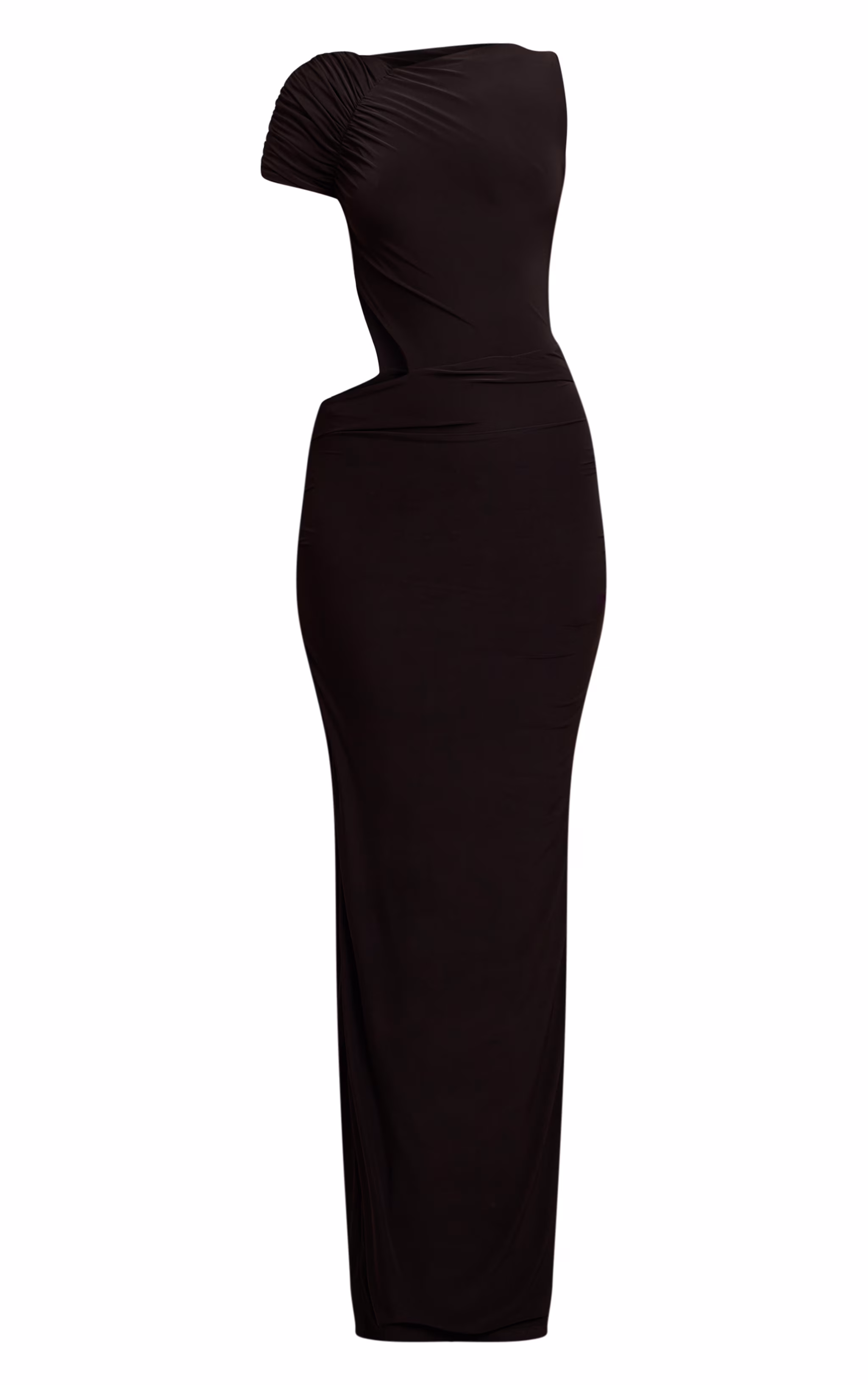 Black Slinky One Sleeve Ruched Maxi Dress
