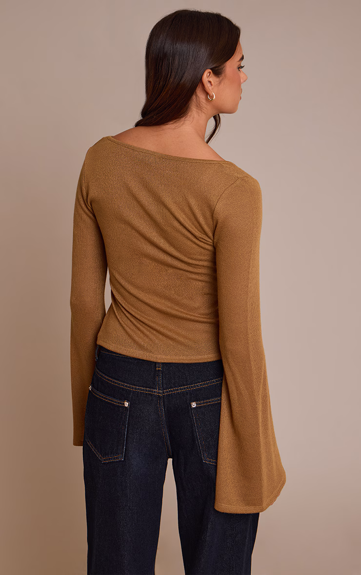 Tan Textured Jersey Scoop Neck Flared Long Sleeve Top