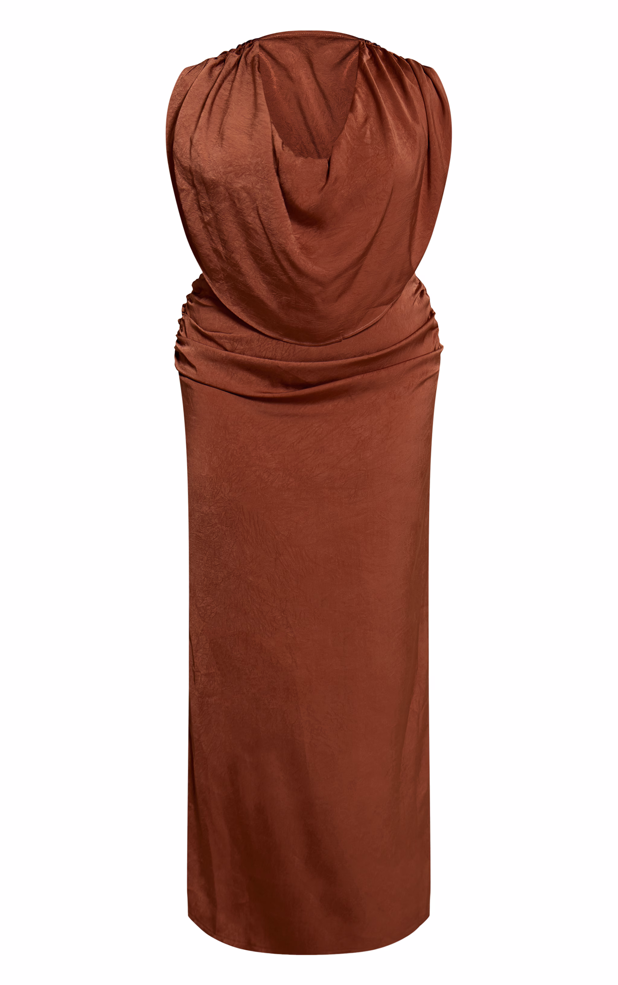 Plus Chocolate Crushed Satin Cowl Neck Maxi Dress
