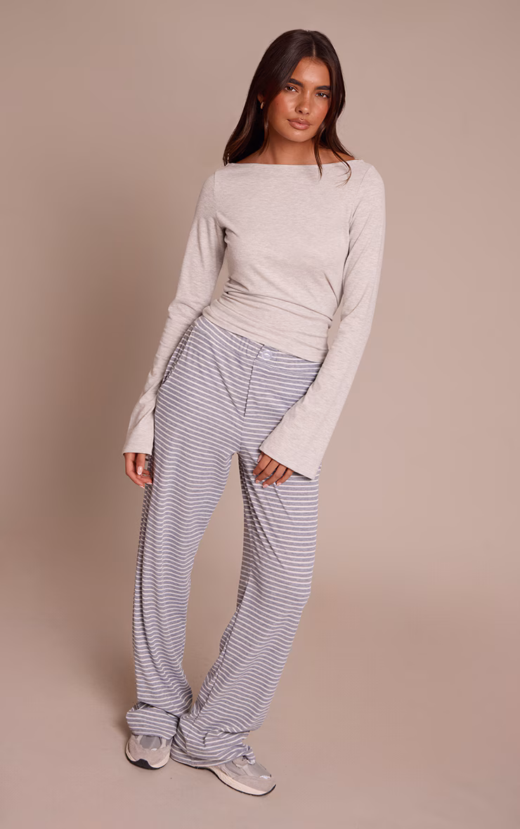 Grey Marl Soft Cotton Boat Neck Flared Long Sleeve Top