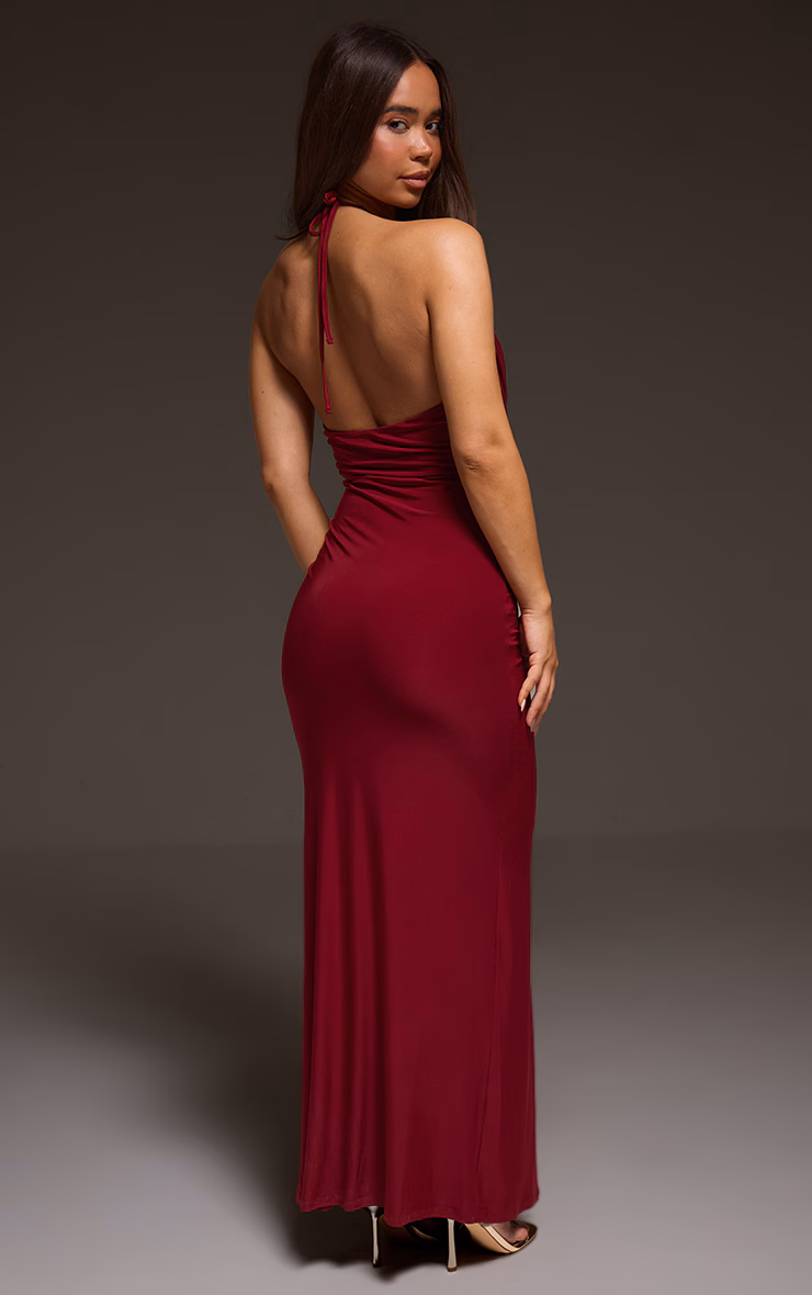 Burgundy Slinky Halterneck Draped Detail Maxi Dress