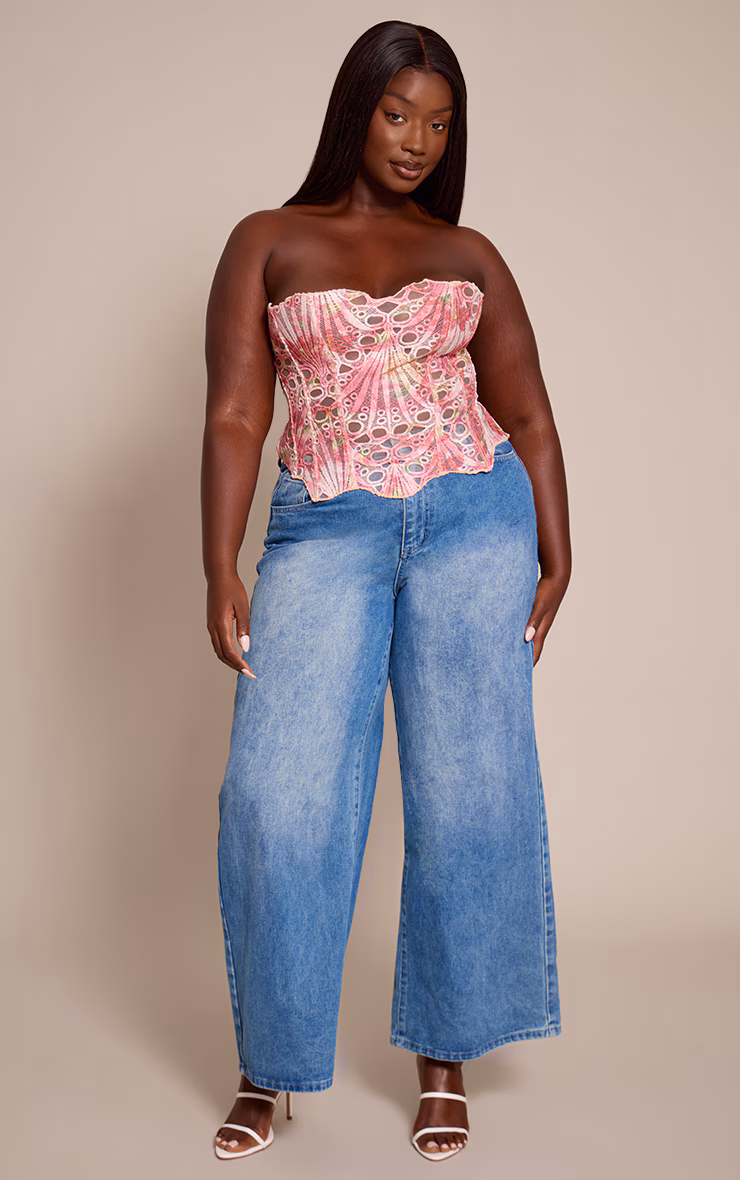 Plus Pink Textured Sheer Floral Lace Corset