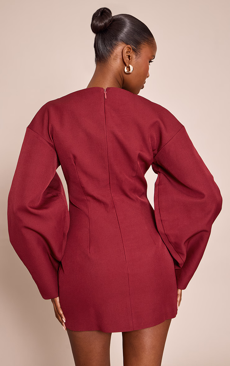 Burgundy Cocoon Sleeve Cinched Waist Blazer Dress
