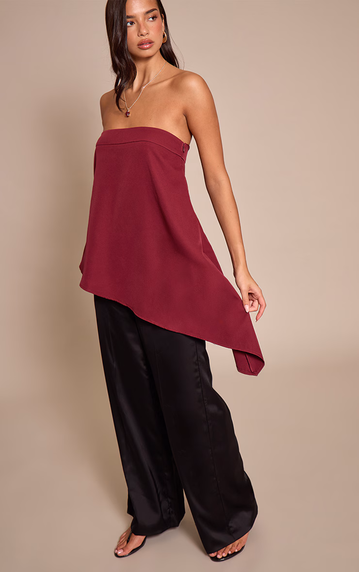Wine Woven Bandeau Asymmetric Hem Floaty Long Top