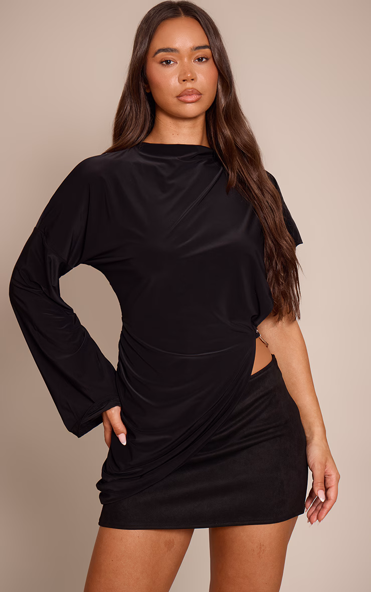 Black Double Layer Slinky Oversized Drape Detail Long Sleeve Top