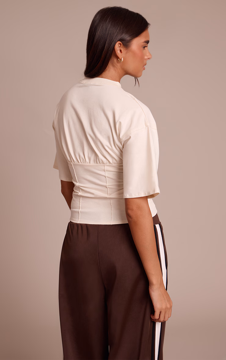 Butter Cream Cotton Ruched Bust Detail Fitted T Shirt