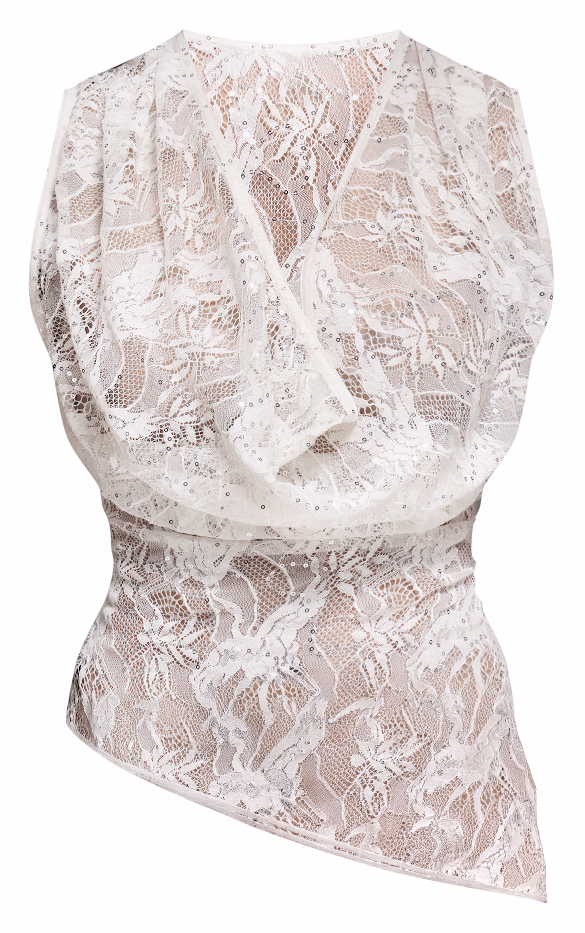 Cream Sequin Lace Sleeveless Cowl Front Top