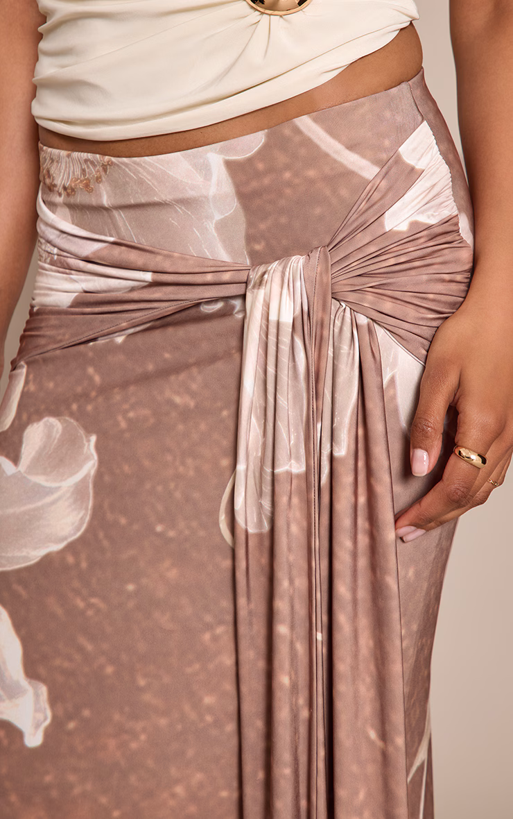 Brown Printed Slinky Knot Detail Maxi Skirt