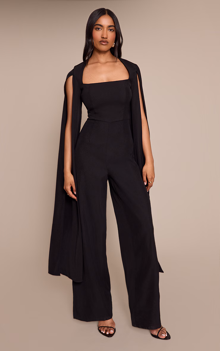 Black Woven Cape Sleeve Wide Leg Jumpsuit