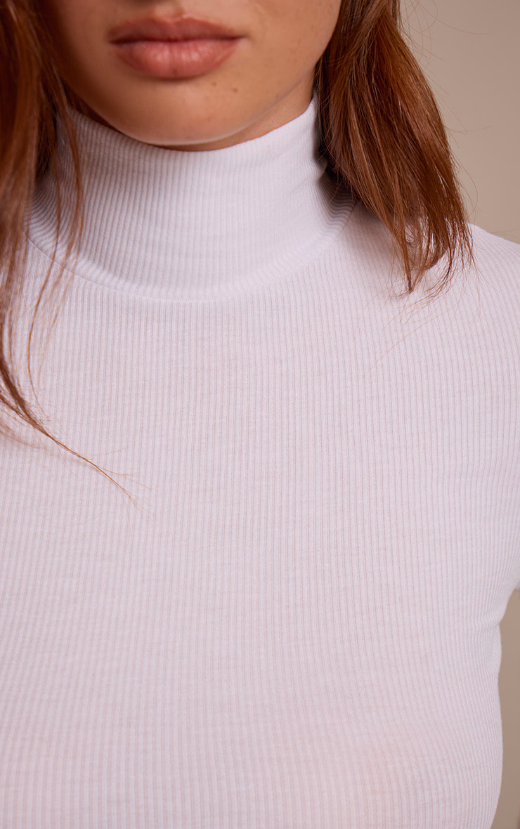 White Soft Rib High Neck Fitted Long Sleeved Top