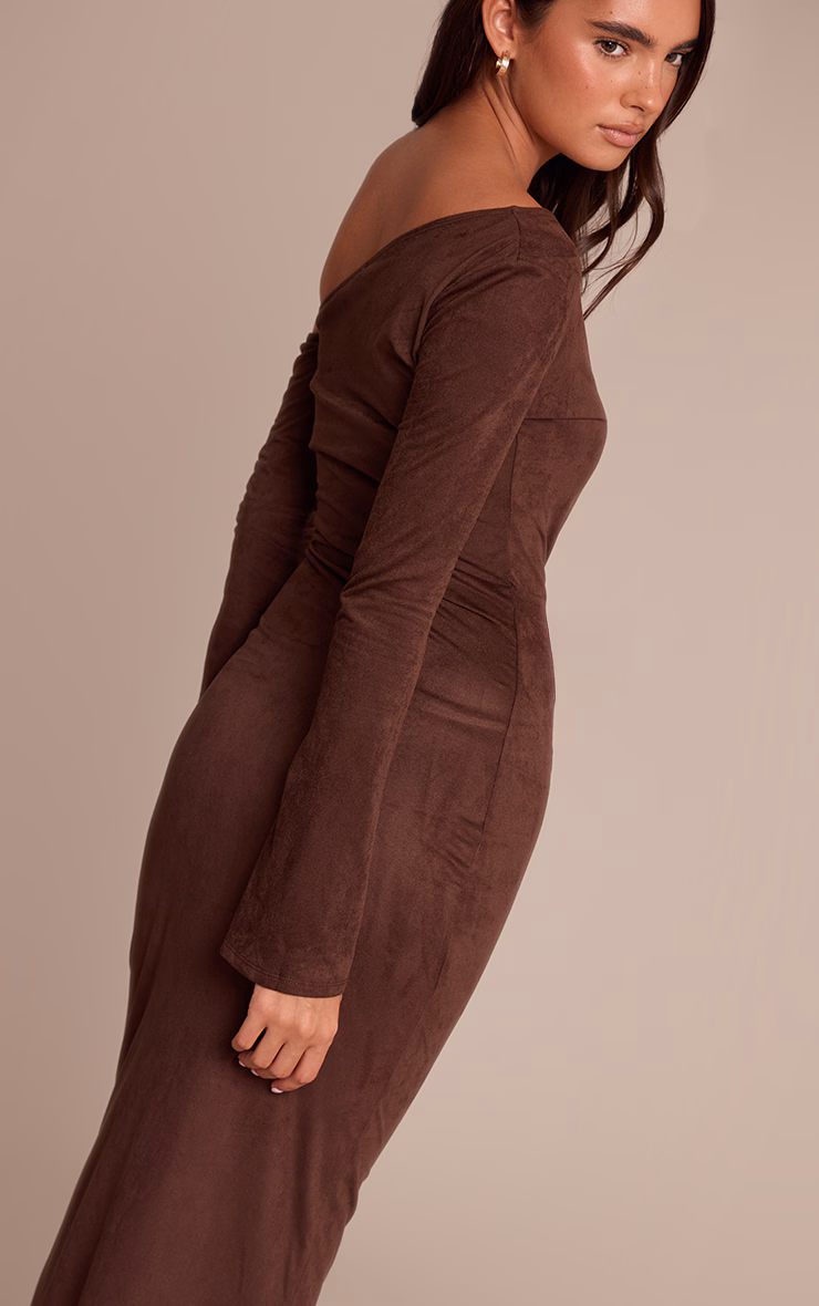 Chocolate Faux Suede Asymmetric Maxi Dress