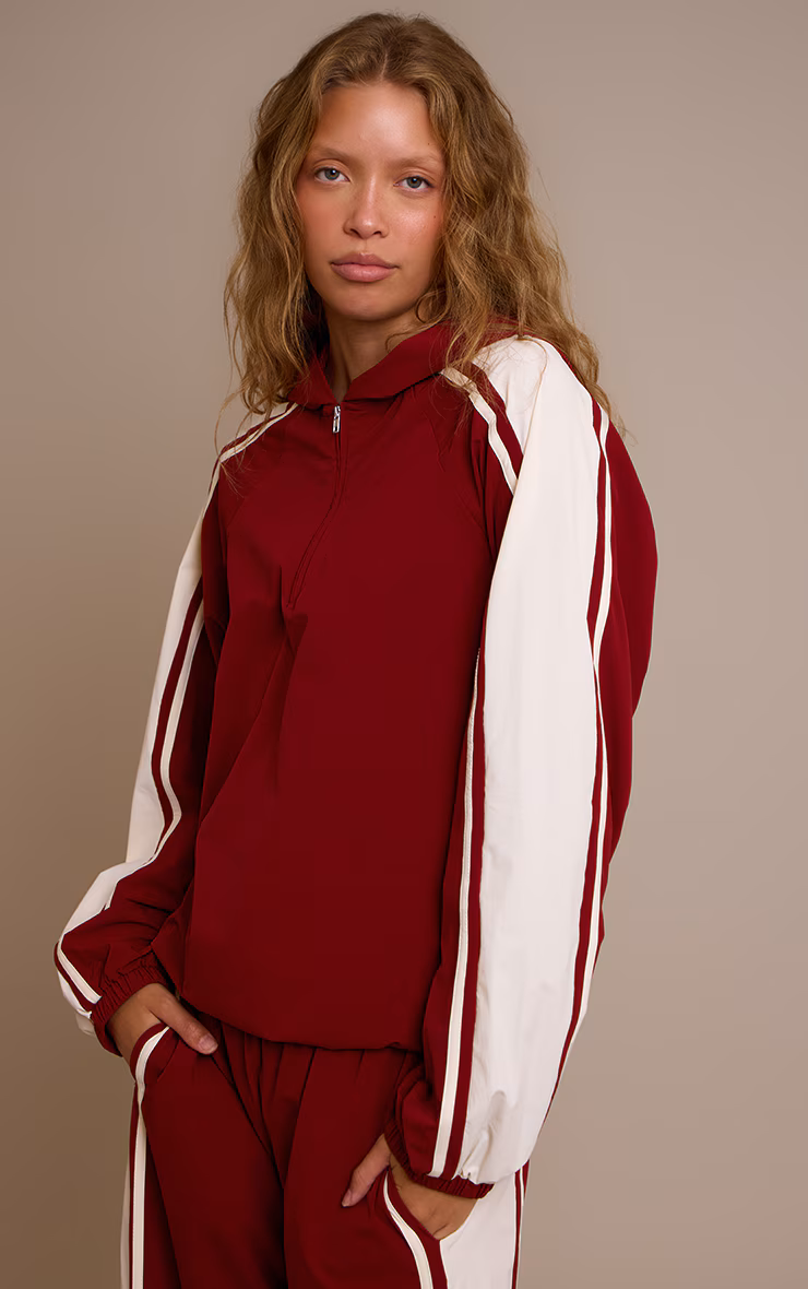 Red Shell Contrast Stripe Hooded Track Jacket