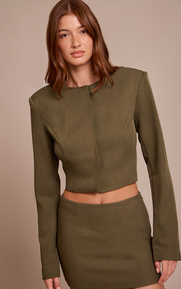 Dark Khaki Tailored Woven Cropped Blazer
