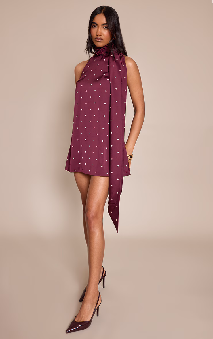 Plum Satin Poka Dot Scarf Mini Dress