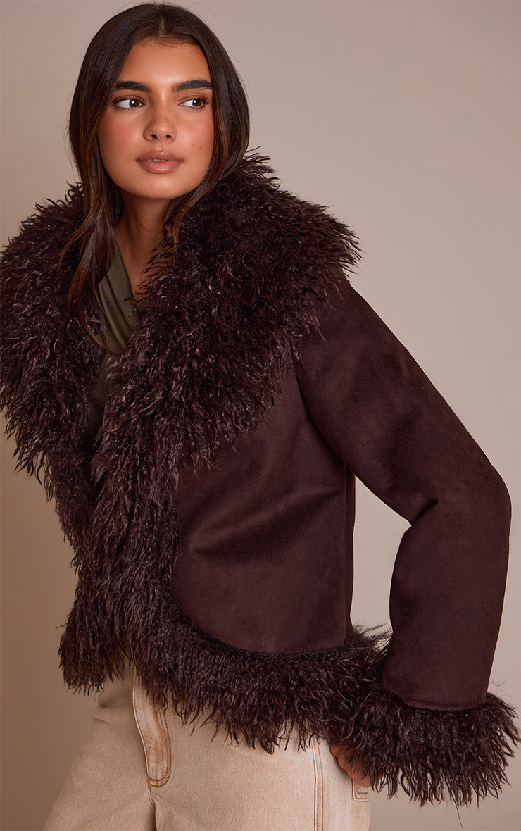 Dark Chocolate Faux Suede Trim Detail Coat