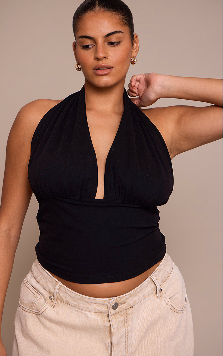 Plus Black Sculpt Ruched Halterneck Top