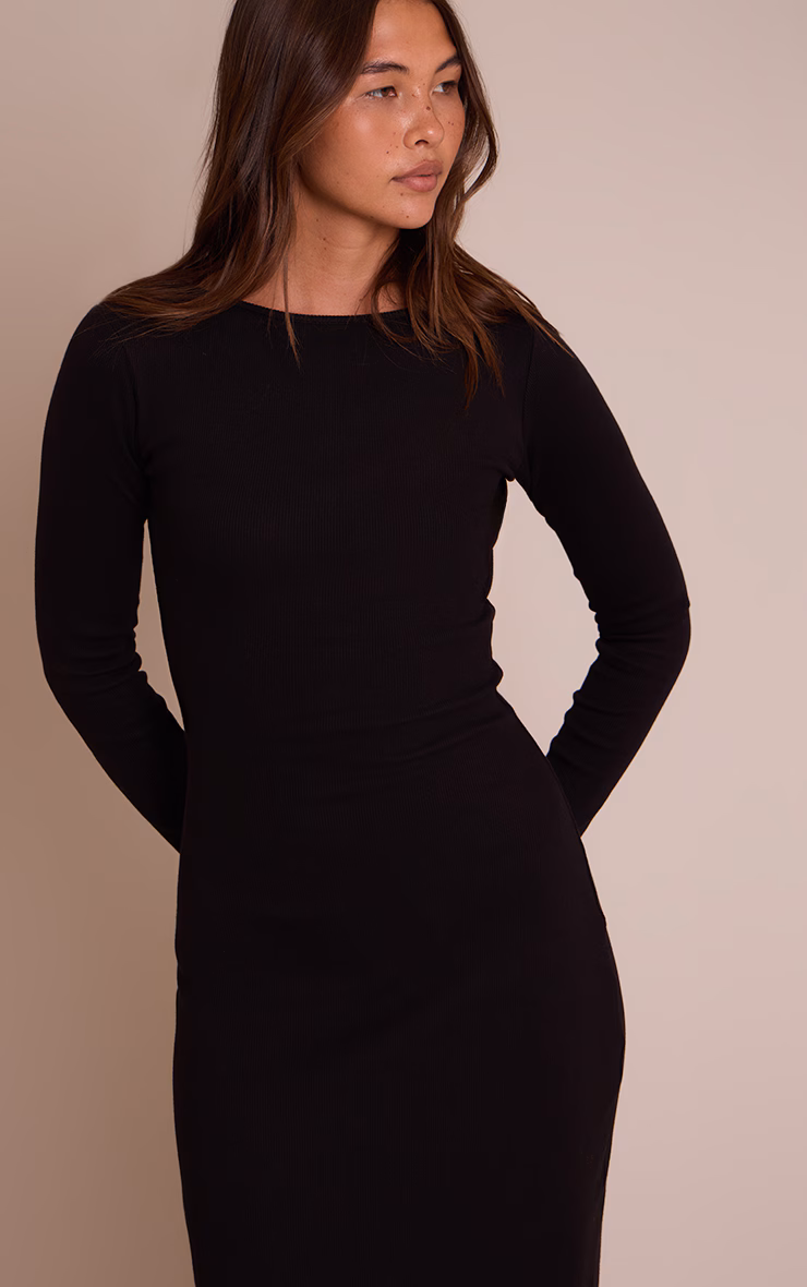 Black Ribbed Boat Neck Long Sleeve Bodycon Maxi Dress