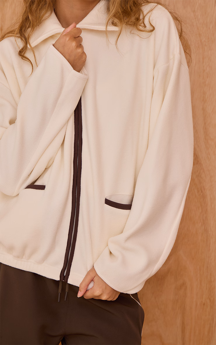 Cream Contrast Binding Zip Up Fleece