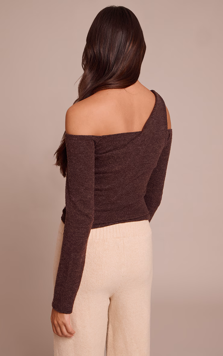 Chocolate Textured Wool Look Twist Overlay Detail Long Sleeve Top