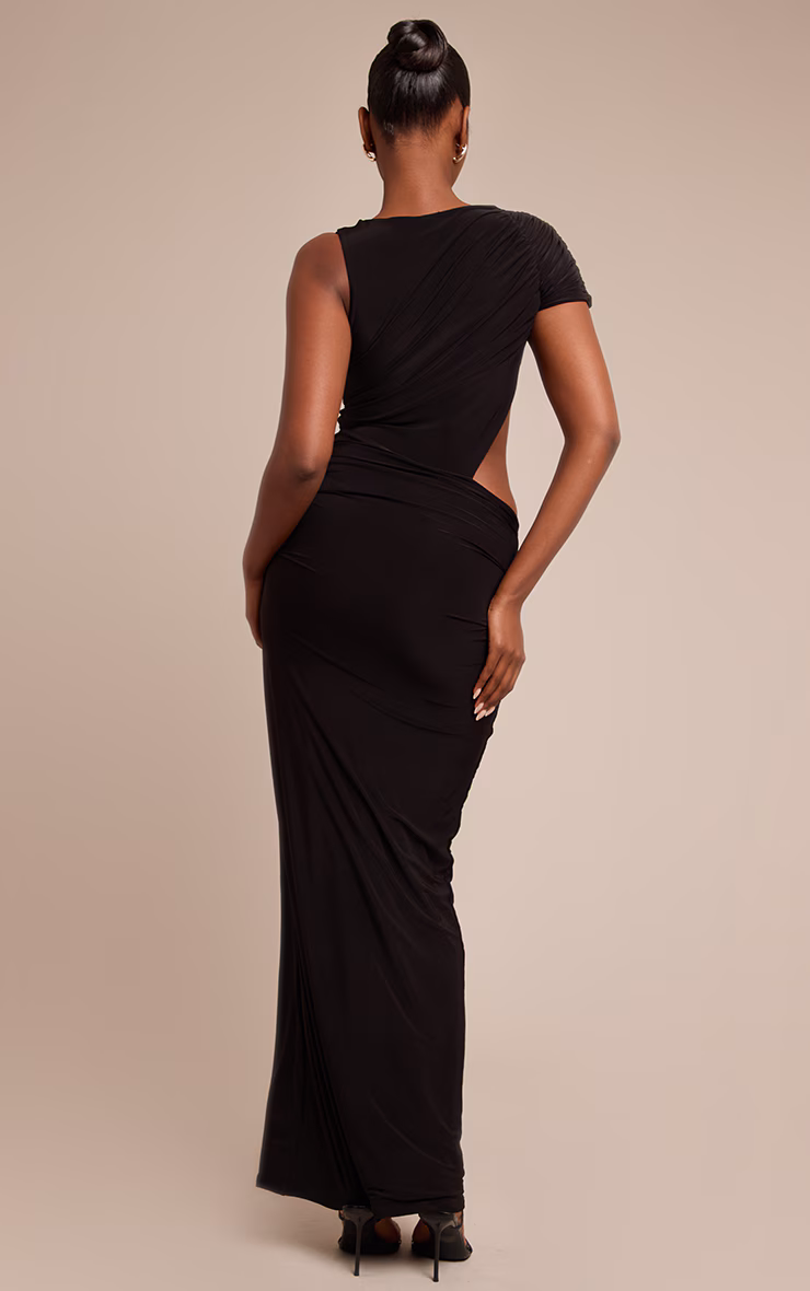 Black Slinky One Sleeve Ruched Maxi Dress