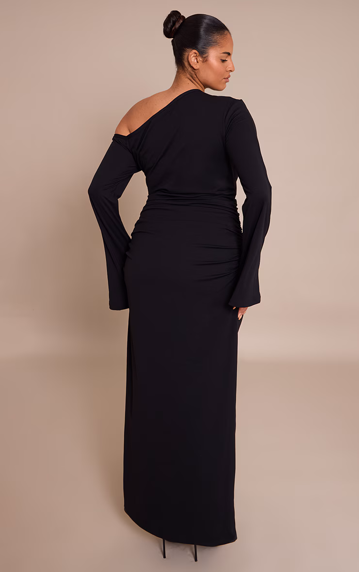 Plus Black Sculpt Bardot Ruched Side Long Sleeve Maxi Dress