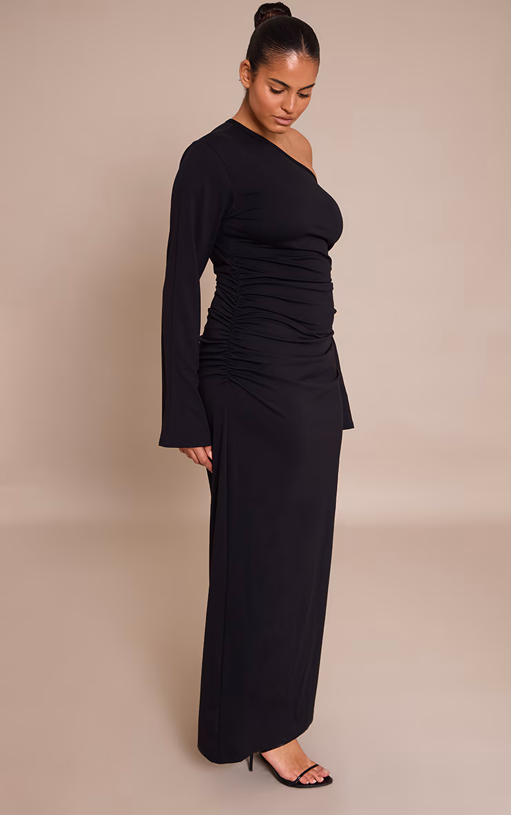 Plus Black Sculpt Bardot Ruched Side Long Sleeve Maxi Dress