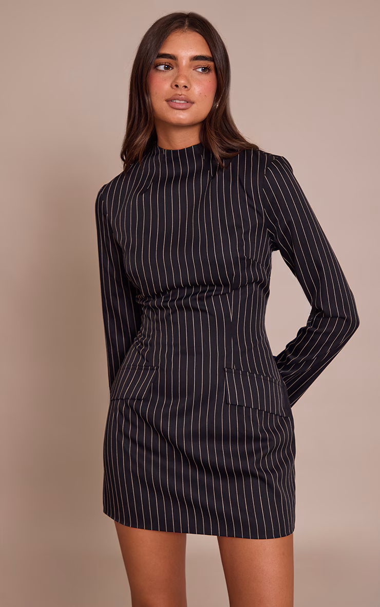 Black Pinstripe High Neck Flute Sleeve Bodycon Dress